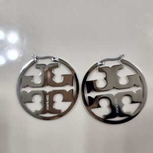 Tory Burch Metallic Logo Hoop Earrings 2"